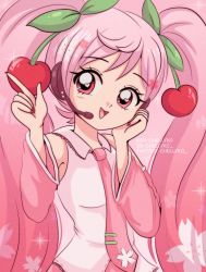 Rule 34 | 1980s (style), 1girl, chellyko, cherry hair ornament, collared shirt, detached sleeves, english text, food-themed hair ornament, hair ornament, hatsune miku, head tilt, headset, heart, heart-shaped pupils, highres, looking to the side, necktie, oldschool, open mouth, pink background, pink eyes, pink hair, pink necktie, pink shirt, retro artstyle, sakura miku, shirt, sleeveless, sleeveless shirt, smile, solo, sparkle, symbol-shaped pupils, twintails, vocaloid