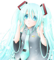 Rule 34 | 1girl, aqua hair, blue eyes, blue hair, blush, collared shirt, copyright name, detached sleeves, glowing, grey shirt, hair between eyes, hair ornament, hands on headphones, hatsune miku, headphones, long hair, matching hair/eyes, minyo, necktie, shirt, simple background, skirt, snowflakes, snowing, solo, tattoo, twintails, vocaloid, white background
