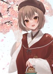Rule 34 | 1girl, :d, basket, beret, bird, black hat, braid, braided bangs, brown eyes, brown hair, cherry blossoms, commentary, fingerless gloves, flower, gloves, hair between eyes, hanazawa ma, hat, head tilt, highres, hololive, hololive english, looking at viewer, nanashi mumei, nanashi mumei (new year), official alternate costume, open mouth, owl, petals, red shawl, shawl, short hair, smile, solo, upper body, virtual youtuber, white gloves, wide sleeves