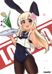 Rule 34 | 10s, 1girl, adapted costume, animal ears, bad id, bad twitter id, blonde hair, blue eyes, brown pantyhose, character name, covered navel, cowboy shot, crop top, fake animal ears, flower, glass, hair flower, hair ornament, highres, japanese flag, kantai collection, leotard, long hair, looking at viewer, mizuki yayoi, one-piece tan, open mouth, pantyhose, playboy bunny, rabbit ears, rabbit tail, ro-500 (kancolle), sailor collar, solo, standing, tail, tan, tanline, tray, twitter username