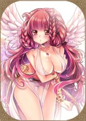 Rule 34 | 1girl, angel wings, bare shoulders, blush, bra, bracelet, braid, breast hold, breasts, character request, cleavage, female focus, jewelry, large breasts, leaning forward, loincloth, long hair, looking at viewer, necklace, red eyes, red hair, sakurano ru, solo, standing, thighs, tree of savior, underwear, very long hair, white wings, wings