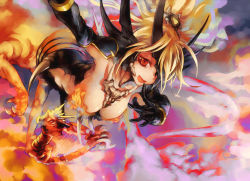Rule 34 | 1girl, :d, arm up, armpits, bad id, bad pixiv id, black gloves, blonde hair, breasts, centauroid, claws, cleavage, cloud, dragon, dragon girl, duel monster, fang, female focus, fire, flying, gloves, hair ornament, harp, horns, ikuhana niiro, instrument, long hair, looking at viewer, open mouth, ponytail, queen dragoon, queen dragun djinn, red eyes, skin fang, sky, smile, smoke, solo, taur, wallpaper, yu-gi-oh!, yu-gi-oh! duel monsters