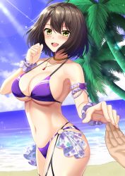 Rule 34 | 1girl, :d, azur lane, baltimore (azur lane), bare shoulders, bikini, blue sky, blush, breasts, cleavage, cloud, collarbone, commentary request, cowboy shot, day, hair between eyes, highres, large breasts, looking at viewer, navel, open mouth, outdoors, pov, pov hands, purple bikini, shibata rai, sidelocks, sky, smile, solo focus, standing, stomach, swimsuit, teeth, underboob, upper teeth only