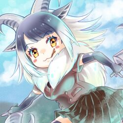 Rule 34 | 1girl, :3, animal ears, blue sky, blush, brown eyes, brown hair, brown jacket, chiffon, fur scarf, himalayan tahr (kemono friends), holding, holding weapon, horizontal pupils, horns, jacket, kemono friends, long hair, multicolored hair, parted bangs, pleated skirt, skirt, sky, smile, thighhighs, weapon, zettai ryouiki