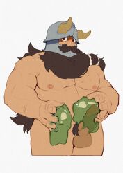 Rule 34 | 1boy, bara, beard, belly, bestiality, brown hair, chenxiao bull, completely nude, cropped legs, dungeon meshi, dwarf, erection, facial hair, fake horns, fat, fat man, helmet, highres, horned helmet, horns, long beard, looking at viewer, looking to the side, male focus, male masturbation, masturbation, mature male, muscular, muscular male, mustache, nipples, nude, penis, red nose, senshi (dungeon meshi), slime (creature), solo, sparse chest hair, strongman waist, thick mustache, thick thighs, thighs, ugly man, uncensored, very long beard, white background