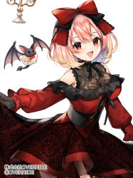 Rule 34 | 1girl, bat (animal), blonde hair, bow, breasts, cleavage, dress, fang, frills, gloves, gradient hair, hair bow, kanpani girls, lace, lace gloves, large breasts, multicolored hair, official art, open mouth, pink hair, red dress, red eyes, sakofu, short hair, skin fang, solo, white background