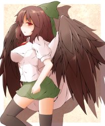 Rule 34 | 1girl, black thighhighs, bow, brown hair, fal maro, female focus, hair bow, highres, impossible clothes, impossible shirt, red eyes, reiuji utsuho, shirt, solo, thighhighs, touhou, wings, zettai ryouiki