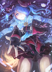 Rule 34 | 1girl, blue eyes, blue fire, blue hair, book, hugging book, chain, dress, duel masters, fingerless gloves, fire, flower, gloves, hair ornament, hair ribbon, highres, holding, holding book, long hair, long sleeves, looking at viewer, lying, matching hair/eyes, mouse hair ornament, hugging object, on back, open hand, ribbon, sayukino, short dress, smile, solo, thighhighs, thighs, water