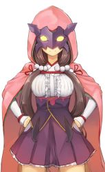 Rule 34 | 1girl, bad id, bad pixiv id, breasts, brown hair, cape, center frills, closed mouth, corset, cowboy shot, facing viewer, fate/grand order, fate (series), frilled shirt, frilled skirt, frills, glowing, hair bobbles, hair ornament, hands on own hips, hood, hood up, hooded cape, legs apart, long hair, long sleeves, low twintails, mask, medium breasts, osakabehime (fate), pink cape, pinta (ayashii bochi), purple skirt, shirt, simple background, skirt, sleeves past wrists, smile, solo, twintails, very long hair, white background, white shirt