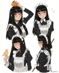 Rule 34 | 1girl, ^ ^, absurdres, anajudraws, animal, apron, artist name, bird, bird on hand, black dress, black hair, blunt bangs, blush, brown eyes, closed eyes, closed mouth, collar, commentary, cropped torso, dress, food, food on head, freckles, frilled apron, frills, fruit, fruit on head, glasses, heart, highres, hime cut, long hair, looking at viewer, maid, maid apron, maid headdress, multiple views, notice lines, object on head, orange (fruit), original, puffy sleeves, red-framed eyewear, sidelocks, simple background, smile, star (symbol), symbol-only commentary, upper body, white apron, white background, white collar, wrist cuffs