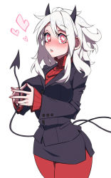 Rule 34 | 1girl, black horns, black suit, black tail, blush, breasts, commentary request, demon girl, demon horns, demon tail, formal, heart, heart-shaped pupils, helltaker, highres, horns, jin (mugenjin), large breasts, looking at viewer, medium hair, modeus (helltaker), pantyhose, red pantyhose, red sweater, ribbed sweater, solo, suit, sweater, symbol-shaped pupils, tail, white background, white hair