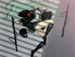 Rule 34 | 1925 (vocaloid), 1girl, aqua eyes, aqua hair, black panties, boots, breasts, cleavage, hat, hatsune miku, highres, knee boots, large breasts, legs, long hair, lying, military, military uniform, necktie, on side, open clothes, open shirt, panties, peaked cap, saitou masatsugu, sheath, sheathed, shirt, skirt, solo, twintails, unbuttoned, underwear, uniform, very long hair, vocaloid, weapon, window shadow