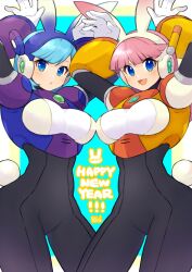 Rule 34 | 2girls, blue eyes, blue hair, blush, breasts, character request, chinese zodiac, closed mouth, happy new year, highres, large breasts, looking at viewer, mega man: maverick hunter x, mega man (series), mega man x (series), multiple girls, navigator (mega man), new year, open mouth, pink hair, robot girl, short hair, smile, swept bangs, tobitori, year of the rabbit