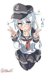 Rule 34 | 10s, 1girl, anchor symbol, bad id, bad twitter id, black hat, black skirt, black thighhighs, blue eyes, blue hair, blush, collarbone, cowboy shot, cropped legs, double v, ebifurya, flat cap, hair between eyes, hands up, hat, hibiki (kancolle), highres, inactive account, kantai collection, long hair, long sleeves, looking at viewer, neckerchief, open mouth, pleated skirt, school uniform, serafuku, sidelocks, simple background, skirt, solo, sparkle, thighhighs, twitter username, v, white background, zettai ryouiki