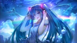 Rule 34 | 1girl, :d, blue eyes, blue hair, dress, floating hair, hair between eyes, hands in hair, hatsune miku, headphones, highres, kawamatsu yoshinori, long hair, looking at viewer, off shoulder, open mouth, sleeveless, sleeveless dress, smile, solo, standing, third-party source, twintails, underwater, very long hair, vocaloid, whale, white dress