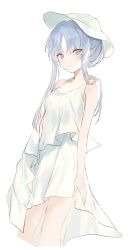 Rule 34 | 1girl, bare arms, bare shoulders, blue hair, blush, breasts, closed mouth, collarbone, dress, highres, long hair, lpip, original, parted bangs, purple eyes, simple background, sleeveless, sleeveless dress, small breasts, solo, white background, white dress