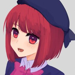 Rule 34 | 1girl, absurdres, arima kana, beret, blue bow, blue hat, blue jacket, blunt bangs, blush, bob cut, bow, bowtie, collared shirt, commentary, grey background, hat, hat bow, hazi (hazi 000), highres, inverted bob, jacket, open mouth, oshi no ko, pink bow, pink bowtie, red eyes, red hair, shirt, short hair, simple background, solo, symbol-only commentary, teeth, white shirt