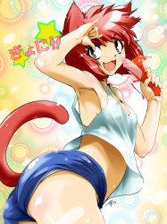 Rule 34 | 1girl, \m/, animal ears, armpits, ass, bad id, bad pixiv id, bare shoulders, breasts, brown eyes, cat ears, cat tail, chikuwa (tks), fang, flat chest, food, ghost sweeper mikami, midriff, red hair, sausage, shorts, solo, tail, upshorts