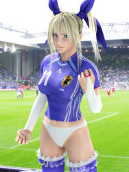Rule 34 | 1girl, 3d, 6+others, blonde hair, blue eyes, breasts, covered erect nipples, elbow gloves, gloves, incise soul, japan, jersey, jewelry, m-rs, multiple others, navel, original, outdoors, panties, ribbon, ring, rukia (incise soul), sky, soccer, soccer jersey, soccer uniform, sportswear, standing, thighhighs, underwear