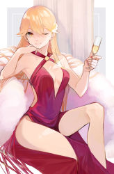 Rule 34 | 1girl, aaoshigatoutoi, absurdres, alcohol, blonde hair, breasts, closed mouth, cup, dress, drinking glass, earrings, girls&#039; frontline, halter dress, halterneck, highres, holding, jewelry, lips, long hair, medium breasts, nail polish, official alternate costume, one eye closed, ots-14 (girls&#039; frontline), ots-14 (ruler of the banquet) (girls&#039; frontline), red dress, red nails, simple background, solo, wine glass, yellow eyes