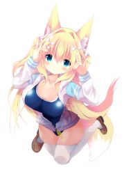 Rule 34 | 1girl, animal ear fluff, animal ears, arms up, blonde hair, blue eyes, blue one-piece swimsuit, blush, bow, breasts, brown footwear, cleavage, closed mouth, collarbone, commentary request, covered navel, double fox shadow puppet, drawstring, fox ears, fox girl, fox shadow puppet, fox tail, fuuna thise, hair between eyes, hair bow, hair intakes, highres, hood, hood down, hooded jacket, jacket, large breasts, loafers, long hair, new school swimsuit, one-piece swimsuit, open clothes, open jacket, original, school swimsuit, shoes, simple background, smile, solo, swimsuit, swimsuit under clothes, tail, thighhighs, very long hair, white background, white bow, white jacket, white thighhighs