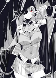 Rule 34 | 1girl, ascot, belt, bicorne, blush, bodystocking, breasts, cleavage, closed mouth, coat, collar, contrapposto, covered navel, cowboy shot, cropped jacket, eyepatch, frilled collar, frills, goshiki suzu, greyscale, hair ribbon, hand in own hair, hat, highres, hololive, houshou marine, large breasts, leotard, leotard under clothes, looking at viewer, medium hair, miniskirt, monochrome, off shoulder, one eye covered, pirate hat, pleated skirt, red eyes, ribbon, see-through, see-through cleavage, see-through leotard, skirt, sleeveless, sleeveless jacket, smile, solo, spot color, standing, thighhighs, thighs, twintails, virtual youtuber, zettai ryouiki