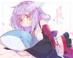 Rule 34 | 1girl, artist name, breasts, detached sleeves, looking at viewer, lying, midriff, okou (oshiro project), on stomach, orange eyes, oshiro project:re, oshiro project:re, purple hair, shaneru, smile, solo, stuffed animal, stuffed toy, translated, whale