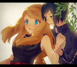 Rule 34 | 1boy, 1girl, black hair, blonde hair, blue eyes, blush, breasts, calem (pokemon), creatures (company), game freak, gradient background, green eyes, hand on another&#039;s hip, hetero, holding another&#039;s wrist, jacket, letterboxed, long hair, nakaba (mode), nintendo, plant, pokemon, pokemon xy, serena (pokemon), short hair, smile, upper body