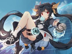 Rule 34 | 1girl, ass, asymmetrical legwear, bad id, bad pixiv id, black hair, black jacket, black thighhighs, blowing bubbles, building, chewing gum, day, falling, from below, gauntlets, hair ribbon, jacket, long hair, mismatched legwear, original, outdoors, red eyes, ribbon, shirt, shoes, short sleeves, single thighhigh, sky, skyscraper, sneakers, solo, thigh strap, thighhighs, twintails, uneven legwear, upskirt, user nexz2257, very long hair, white shirt, white thighhighs, yellow ribbon