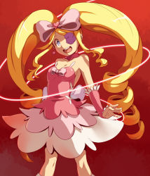 Rule 34 | 10s, 1girl, bad id, bad pixiv id, big hair, blonde hair, blue eyes, bow, cr72, dress, drill hair, earrings, eyepatch, frills, harime nui, heart, jewelry, kill la kill, life fiber, long hair, pink bow, ribbon, shaded face, smile, solo, strapless, strapless dress, thread