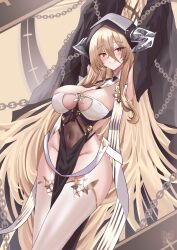 Rule 34 | absurdly long hair, absurdres, arms up, azur lane, blonde hair, breast cutout, breasts, chain, cleavage, covered navel, fake horns, gloves, habit, hair between eyes, half gloves, highres, horns, implacable (azur lane), large breasts, long bangs, long hair, looking at viewer, nun, pelvic curtain, red eyes, revealing clothes, seabread, solo, thighhighs, two-tone dress, veil, very long hair, white horns, white thighhighs