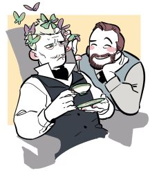 Rule 34 | 2boys, beard, blonde hair, blush stickers, brown hair, bug, butterfly, cup, expressionless, facial hair, green eyes, heterochromia, highres, holding, holding cup, insect, male focus, multiple boys, mustache, ojima (ojimadou), original, pencil mustache, saucer, teacup, vest, yaoi