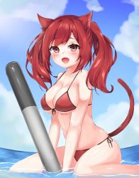 Rule 34 | 1girl, animal ears, artist request, azur lane, bad id, bad pixiv id, bikini, blush, breasts, cat ears, cat tail, cleavage, collarbone, commentary, day, fang, highres, i-19 (azur lane), large breasts, looking at viewer, ocean, open mouth, red eyes, red hair, seiza, sitting, sky, solo, string bikini, swimsuit, tail, torpedo, twintails, water