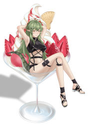 Rule 34 | 1girl, absurdres, antenna hair, arknights, armpits, arms up, bad id, bad pixiv id, bare legs, bare shoulders, black footwear, blush, breasts, chinese commentary, commentary request, crocodilian tail, crossed legs, cup, da akana xiv, drinking glass, food, gavial (arknights), green hair, green nails, grin, highres, ice cream, long hair, looking at viewer, medium breasts, nail polish, navel, official alternate costume, parted lips, pointy ears, pouch, sandals, shadow, simple background, sitting, smile, solo, stomach, tail, thigh strap, thighs, toenail polish, toenails, underboob, white background, wine glass, yellow eyes