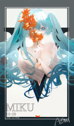 Rule 34 | 1girl, alternate breast size, artist name, bare shoulders, blue eyes, blue hair, breasts, character name, cleavage, collarbone, commentary, cropped torso, dated, flower, hatsune miku, highres, holding, holding flower, large breasts, light particles, long hair, looking at viewer, off shoulder, omone hokoma agm, orange flower, outside border, petals, signature, solo, twintails, very long hair, vocaloid, white background