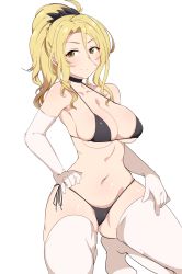Rule 34 | 1girl, bare shoulders, bikini, black bikini, black choker, blonde hair, blush, breasts, brown hair, choker, christina (princess connect!), cleavage, closed mouth, collarbone, elbow gloves, gloves, hair between eyes, high ponytail, highres, kneeling, large breasts, long hair, looking at viewer, navel, parted bangs, ponytail, princess connect!, seihekiog, side-tie bikini bottom, simple background, smile, solo, split mouth, swimsuit, thighhighs, thighs, white background, white gloves, white thighhighs