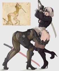 Rule 34 | 1boy, 1girl, 2b (nier:automata), ass, ass grab, black blindfold, black hairband, blindfold, bodysuit, boots, breasts, clothing cutout, commentary, covered eyes, crossover, cyborg, english commentary, feather-trimmed sleeves, feather trim, full body, grey background, hairband, head between thighs, high heel boots, high heels, highres, holding, holding weapon, leaning forward, leotard, long sleeves, metal gear (series), metal gear rising: revengeance, mole, mole under mouth, nier:automata, nier (series), raiden (metal gear), reference inset, short hair, simple background, sneaking suit, standing, thighhighs, thighhighs under boots, thighs, virtuous contract, weapon, white hair, white leotard, yoracrab