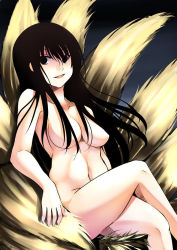 Rule 34 | 1girl, bad id, bad pixiv id, black eyes, black hair, breasts, censored, convenient censoring, hagoromo gitsune, hair censor, hair over breasts, long hair, mugenshiki, nude, nurarihyon no mago, sin mugen, solo, tail