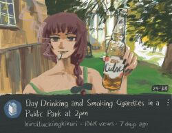 Rule 34 | 1girl, alcohol, black bow, black nails, bocchi the rock!, bow, braid, cigarette, closed mouth, commentary, day, dress, drink, english commentary, english text, gooseygang, green dress, hair bow, hair over shoulder, highres, hiroi kikuri, holding, holding drink, long hair, looking at viewer, nail polish, outdoors, photo-referenced, portrait, purple eyes, purple hair, single braid, smile, smoke, smoking, solo, youtube