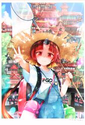 Rule 34 | 1girl, alternate costume, architecture, backpack, bag, benienma (fate), blue sky, border, building, butterfly net, chromatic aberration, closed mouth, cloud, collarbone, day, east asian architecture, english text, engrish text, fate/grand order, fate (series), gomennasai, hand net, hat, highres, light smile, looking at viewer, md5 mismatch, outdoors, overalls, photo (object), polaroid, ranguage, red eyes, red hair, resolution mismatch, shirt, short sleeves, sky, smile, solo, source smaller, straw hat, summer, sunlight, t-shirt, text print, thermos, timestamp, v, white border