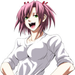 Rule 34 | 00s, 1girl, blush, breasts, female focus, green eyes, hair ribbon, hands on own hips, imizu (nitro unknown), laughing, mahou sensei negima!, open mouth, pink hair, ribbon, sasaki makie, short hair, short twintails, simple background, sleeves rolled up, solo, teeth, tongue, twintails