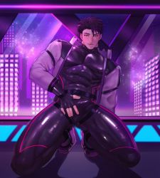 Rule 34 | 1boy, abs, arkapami, belt, black bodysuit, black hair, bodysuit, bulge, commission, covered erect nipples, covered navel, erection, erection under clothes, grey jacket, jacket, large pectorals, latex, latex bodysuit, licking lips, looking at viewer, male focus, muscular, muscular male, navel, nipples, open clothes, open jacket, original, pectorals, red eyes, shoes, short hair, skin tight, solo, thick thighs, thighs, tongue, tongue out, virtual youtuber