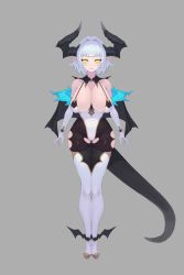 Rule 34 | 1girl, absurdres, bare shoulders, breasts, closed mouth, covered erect nipples, dragon girl, dragon tail, elbow gloves, foot wings, gloves, gradient background, highres, horns, large breasts, moco (moco 28), original, pointy ears, pointy hair, shiny skin, short hair, silver hair, smile, solo, standing, tail, virtual youtuber, white gloves, white legwear, wings, yellow eyes