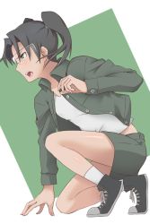 Rule 34 | 00s, 1girl, amasawa yuuko, black hair, dennou coil, from side, goggles, green eyes, highres, on one knee, open mouth, profile, shoes, socks, solo, twintails, yokke
