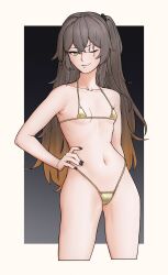 Rule 34 | absurdres, bikini, black nails, breasts, collarbone, cowboy shot, emile aoi, girls&#039; frontline, gradient hair, green pupils, hand on own hip, highres, long hair, looking at viewer, micro bikini, multicolored eyes, multicolored hair, nail polish, navel, one eye closed, one side up, scar, scar across eye, simple background, small breasts, smile, smirk, swimsuit, ump45 (girls&#039; frontline), yellow bikini, yellow eyes