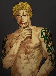 Rule 34 | 1boy, bara, beowulf (fate), blonde hair, blood, fate/grand order, fate (series), looking at viewer, male focus, muscular, satokumo, scar, topless male, smile, solo