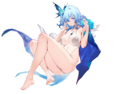 1girl armpit_crease ass bare_legs bare_shoulders barefoot blue_hair breasts closed_mouth colored_eyelashes commentary_request feet hair_between_eyes highres large_breasts legs leotard light_smile looking_at_viewer purple_eyes see-through_clothes see-through_leotard shorekeeper_(wuthering_waves) simple_background solo swd3e2 toes white_background white_leotard wuthering_waves