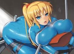 Rule 34 | 1girl, ass, bad id, bad pixiv id, bdsm, between buttocks, blonde hair, blue eyes, blush, bodysuit, bondage, bound, breast press, breasts squeezed together, breasts, deep skin, drooling, huge breasts, long hair, metroid, nagase haruhito, nintendo, poking, ponytail, restrained, saliva, samus aran, skin tight, solo, wince, zero suit