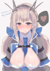 Rule 34 | 1girl, between breasts, blue bow, blue eyes, blue necktie, blush, bow, braid, breasts, capelet, dress, grey capelet, grey dress, headgear, heart, highres, kantai collection, large breasts, lattice mast, light brown hair, low twintails, maryland (kancolle), multicolored capelet, necktie, necktie between breasts, nose blush, one-hour drawing challenge, reisu (jjkxb227), side braids, simple background, smile, solo, spoken heart, twintails, upper body, white background