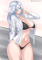 Rule 34 | 1girl, arm up, black bra, black panties, blue eyes, blush, bra, braid, breasts, cleavage, closed mouth, collarbone, commentary, dufreyjupiter, english commentary, eyelashes, eyes visible through hair, genshin impact, highres, long hair, long sleeves, looking at viewer, low-braided long hair, low-tied long hair, navel, open clothes, open shirt, panties, shenhe (genshin impact), shirt, silver hair, solo, standing, stomach, thighs, twitter username, underwear, white shirt